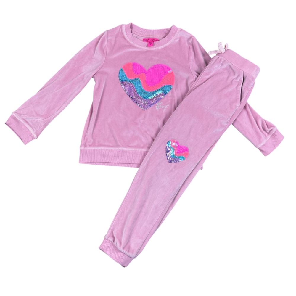 Betsey Johnson Velour Sequin Heart Track Sweatsuit Sweatshirt Sweatpants Set 7